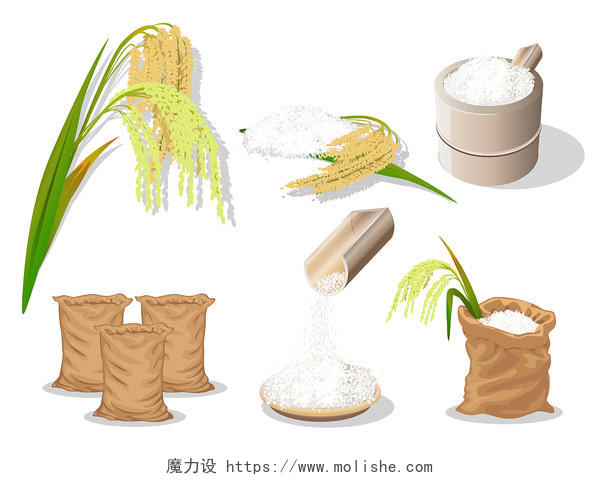 米袋堆起来的大米打开的米袋大米套图AI素材